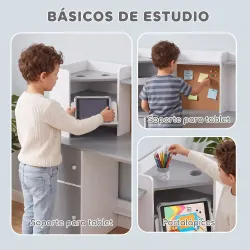 Escritorio Infantil con Silla Soporte Ajustable para Tablet Portalápices Tablero de Corcho Estantes Armarios Gris - Ogal.Es