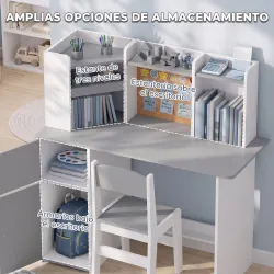 Escritorio Infantil con Silla Soporte Ajustable para Tablet Portalápices Tablero de Corcho Estantes Armarios Gris - Ogal.Es