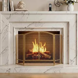Salvachispas para Chimenea Plegable de 3 Paneles de Metal con Doble Puerta para Hogar 122x75 cm Dorado - Ogal.Es