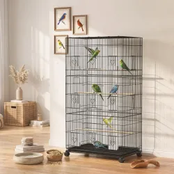 Jaula Grande para Pájaros con Ruedas 6 Comederos Bandeja Extraíble Múltiples Puertas 3 Perchas 77x46,5x141 cm Negro - Ogal.Es