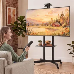 Soporte TV con Ruedas para 32-75" Altura Regulable Inclinación ±15° y 2 Bandejas Negro - Ogal.Es