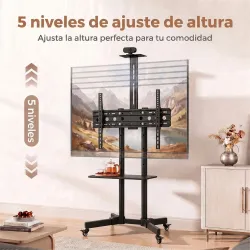 Soporte TV con Ruedas para 32-75" Altura Regulable Inclinación ±15° y 2 Bandejas Negro - Ogal.Es