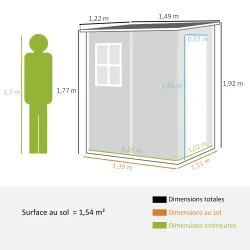 Cobertizo de jardín 1,54 m² para herramientas puerta con cerradura, ventilación y ventana dim. 122cm L x 149cm A... - Ogal.Es