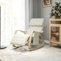 Silla Mecedora con Reposapiés Ajustable en 5 Posiciones Bolsillo Lateral Reposabrazos de Madera Reposacabezas Crema - Ogal.Es