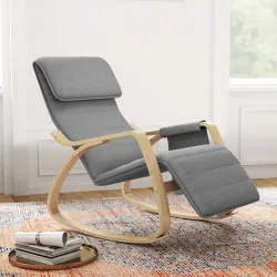 Silla Mecedora con Reposapiés Ajustable en 5 Posiciones Bolsillo Lateral Reposabrazos de Madera Reposacabezas Gris - Ogal.Es