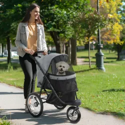 Carrito para Perros y Gatos Plegable hasta 10 kg Cochecito para Perros Pequeños de 3 Ruedas Grandes de Goma Gris - Ogal.Es