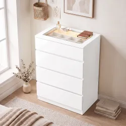 Cómoda de 4 Cajones con Joyero Encimera de Vidrio Templado Luces LED y Control Bluetooth Blanca - Ogal.Es