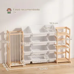 Estantería Infantil de Juguetes de Madera con 12 Cajas Organizador de Peluches 3 Estantes 146x39,5x88 cm Natural - Ogal.Es