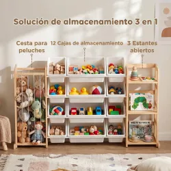 Estantería Infantil de Juguetes de Madera con 12 Cajas Organizador de Peluches 3 Estantes 146x39,5x88 cm Natural - Ogal.Es