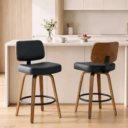 Taburetes de Bar Giratorios 360° de Cuero PU con Patas de Madera Curvas Respaldo Acolchado Reposapiés 44x49x95 c... - Ogal.Es