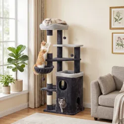 Árbol Rascador para Gatos 148 cm con Caseta de 2 Niveles 2 Camas Hamaca Postes de Sisal 3 Bolas Gris Oscuro - Ogal.Es