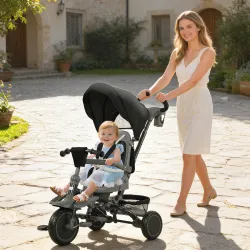 Triciclo Evolutivo 6 en 1 Plegable Asiento Giratorio de 360° Mango Parental Respaldo Reclinable Toldo Negro - Ogal.Es