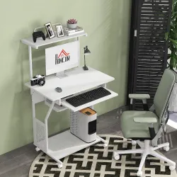 Mesa Escritorio de Ordenador Móvil con Bandeja para Teclado Estante para CPU Estantes y Ruedas 80x50x130 cm Blanco - Ogal.Es