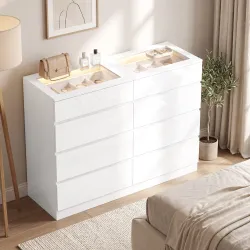 Cómoda de 8 Cajones con 2 Joyeros Encimera de Vidrio Templado Luces LED y Control Bluetooth Blanca - Ogal.Es