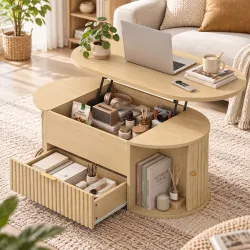 Mesa de Centro Elevable con Almacenaje Compartimento Oculto Cajón Acanalado y Puertas Correderas Tipo Persiana R... - Ogal.Es