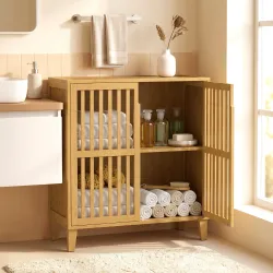 Armario de Baño de Bambú Mueble Auxiliar de Baño con 2 Puertas Ventiladas y Estante Ajustable 72x35x78,8 cm Natural - Ogal.Es