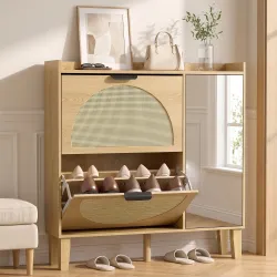 Zapatero Estrecho Bohemio con Espejo 2 Puertas de Ratán Armario 10 Pares Estantes Ajustables 94,5x24x96,5 cm Roble - Ogal.Es