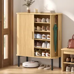 Zapatero de 5 Niveles con Puertas Correderas 4 Estantes Ajustables y Compartimentos Laterales Roble - Ogal.Es