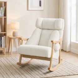 Mecedora Tapizada de Borreguito con Reposacabezas Ajustable y Patas de Madera 65x98x88 cm Crema - Ogal.Es