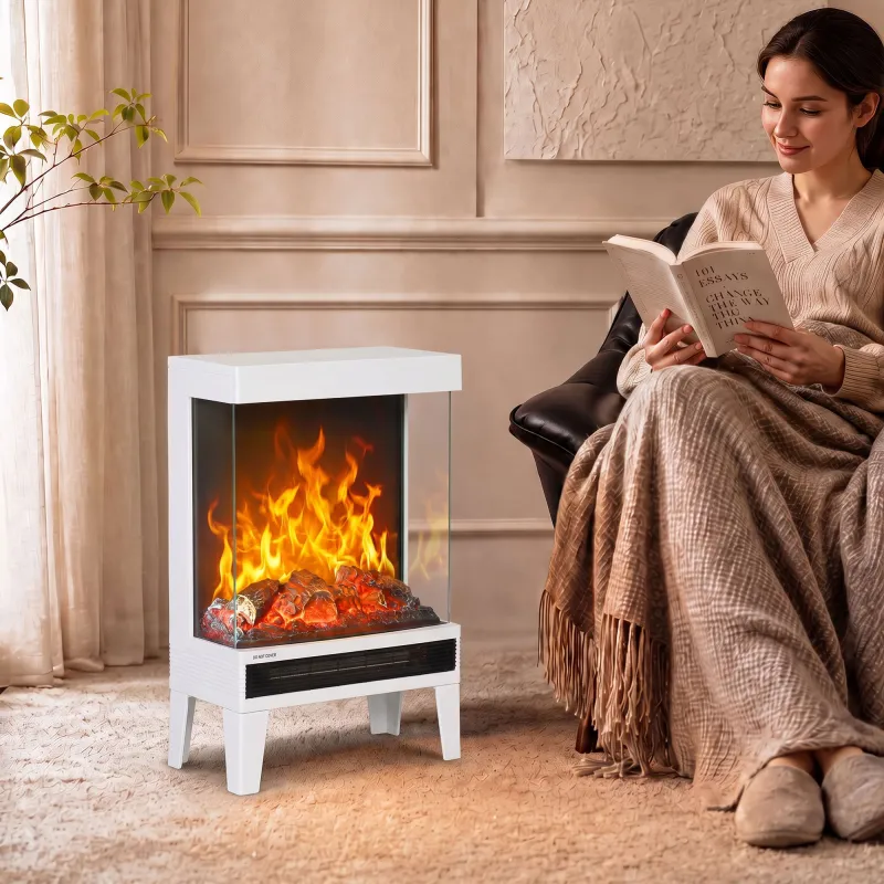 Chimenea Eléctrica 1000/2000W Calentador de Chimenea con Llama LED Ajustable hasta 15-20 m² 40,5x20x62 cm Blanco - Ogal.Es