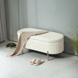 banco pie de cama de terciopelo taburete pie de cama con espacio de almacenaje patas doradas 107x42x45,5cm Crema - Ogal.Es