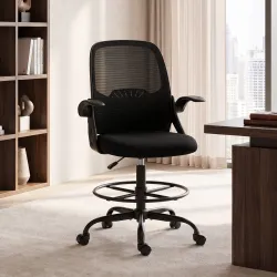 Silla de Dibujo con Reposapiés Soporte Lumbar Ajustable y Reposabrazos Abatibles, Negro - Ogal.Es