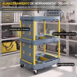 Carro de Herramientas con Ruedas de 3 Niveles con Panel Perforado 8 Ganchos para Garaje Taller Almacén Gris y Am... - Ogal.Es