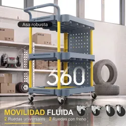 Carro de Herramientas con Ruedas de 3 Niveles con Panel Perforado 8 Ganchos para Garaje Taller Almacén Gris y Am... - Ogal.Es