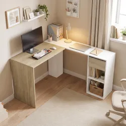 Escritorio Esquinero en L de 120x110 cm con Cajón y 2 Estantes para Oficina en Casa Estudio Blanco y Natural - Ogal.Es