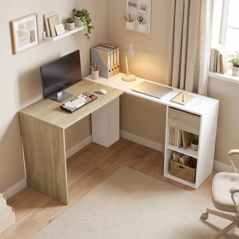 Escritorio Esquinero en L de 120x110 cm con Cajón y 2 Estantes para Oficina en Casa Estudio Blanco y Natural - Ogal.Es