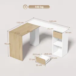 Escritorio Esquinero en L de 120x110 cm con Cajón y 2 Estantes para Oficina en Casa Estudio Blanco y Natural - Ogal.Es