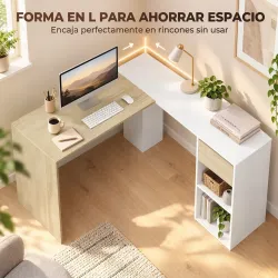 Escritorio Esquinero en L de 120x110 cm con Cajón y 2 Estantes para Oficina en Casa Estudio Blanco y Natural - Ogal.Es