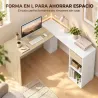 Escritorio Esquinero en L de 120x110 cm con Cajón y 2 Estantes para Oficina en Casa Estudio Blanco y Natural - Ogal.Es