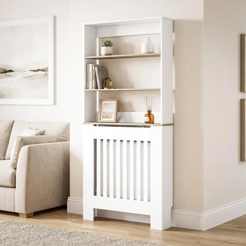 Cubre Radiadores con Estantería de 3 Niveles Cubreradiador Moderno de MDF Diseño de Lamas 78x19x165 cm Blanco - Ogal.Es