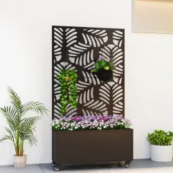 Jardinera Exterior Grande con Ruedas Pantalla de Privacidad de Hojas de Monstera Marco Metal 90x30x160 cm Negro - Ogal.Es