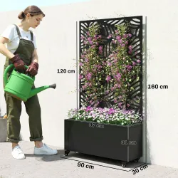 Jardinera Exterior Grande con Ruedas Pantalla de Privacidad de Hojas de Monstera Marco Metal 90x30x160 cm Negro - Ogal.Es