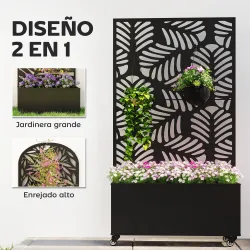 Jardinera Exterior Grande con Ruedas Pantalla de Privacidad de Hojas de Monstera Marco Metal 90x30x160 cm Negro - Ogal.Es