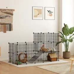 Valla Metálica para Mascotas de 39 Paneles Jaula para Cobayas Erizo DIY 2 Niveles 140x70x105 cm Negro - Ogal.Es