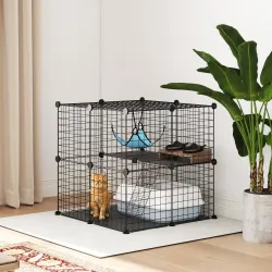 Jaula para Gatos Interior de 2 Niveles Recinto de Acero para Gatos con 2 Puerta Escalera Hamaca 70x70x70 cm Negro - Ogal.Es
