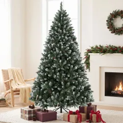 Árbol de Navidad Artificial 210 cm con 1140 Puntas Efecto Nevado 75 Piñas y Base Metálica Plegable Verde y Blanco - Ogal.Es