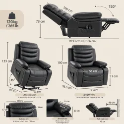 Sillón Relax Reclinable Eléctrico Levanta Personas con Masaje Vibratorio y Calor Puerto USB Control Remoto Negro - Ogal.Es