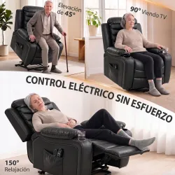 Sillón Relax Reclinable Eléctrico Levanta Personas con Masaje Vibratorio y Calor Puerto USB Control Remoto Negro - Ogal.Es