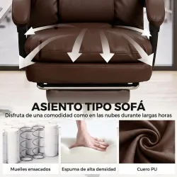 Silla de Oficina Ergonómica con Reposapiés de PU Muelles Ensacados Reclinable 155° Respaldo Alto Reposacabezas M... - Ogal.Es
