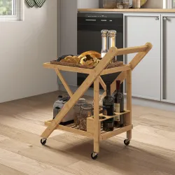 Carrito de Cocina de Bambú con Ruedas Carro de Cocina Plegable con Soporte para Vino 2 Estantes 66x40x70 cm Natural - Ogal.Es