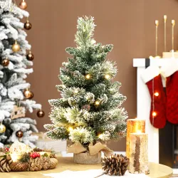 Mini Árbol de Navidad Artificial 60 cm con 35 Luces LED 64 Ramas Densas con Nieve Adornos y Base de Arpillera Verde - Ogal.Es