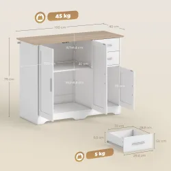 Aparador de Salón con 2 Cajones Armario de Cocina con Estante Ajustable 100x40x78 cm Blanco y Natural - Ogal.Es