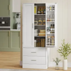 Alacena de Cocina con 2 Puertas, 8 Estantes en la Puerta 2 Cajones Estantes Ajustables 60x40x159 cm Blanco - Ogal.Es
