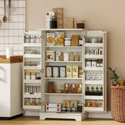Armario Despensa Cocina con 2 Puertas 16 Estantes y Estante Ajustable para Comedor Salón 60x40x120 cm Crema - Ogal.Es