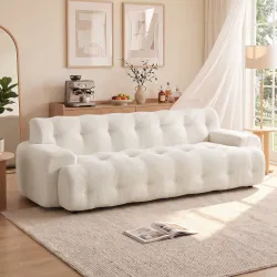 Sofá 3 Plazas de Chenilla sin Armazón con Asiento Profundo y Diseño Capitoné Blanco Crema - Ogal.Es