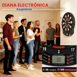 Diana Electrónica con 6 Dardos y 30 Puntas Pantalla LCD 26 Juegos y 185 Variaciones para 8 Jugadores - Ogal.Es